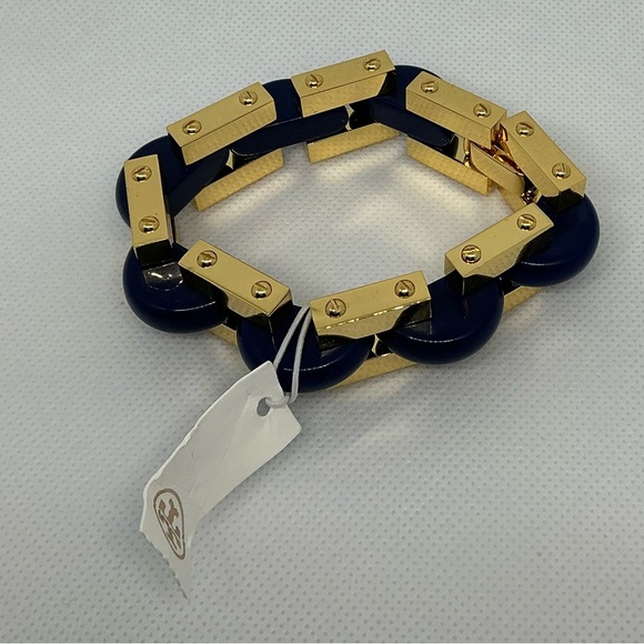 Tory Burch Chunky Statement Gold Tone Bracelet in Blue Enamel Inlay. Retail $299 - Picture 1 of 4